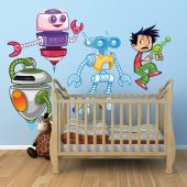 Kit Adesivo Murale bambini 3 robot e bambino