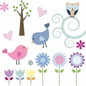 Kit Adesivo Murale bambini fiori uccelli